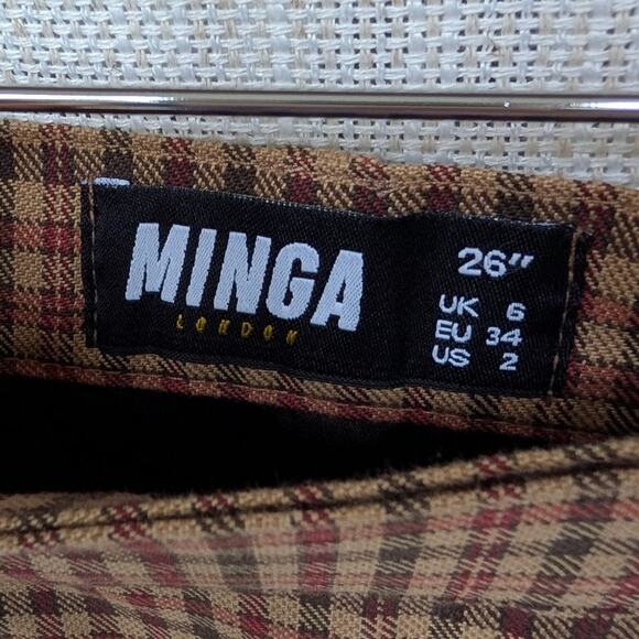 Minga London Brown Tartan Print Plaid A-line Wrap Mini Skirt, size 2 - Picture 3 of 6